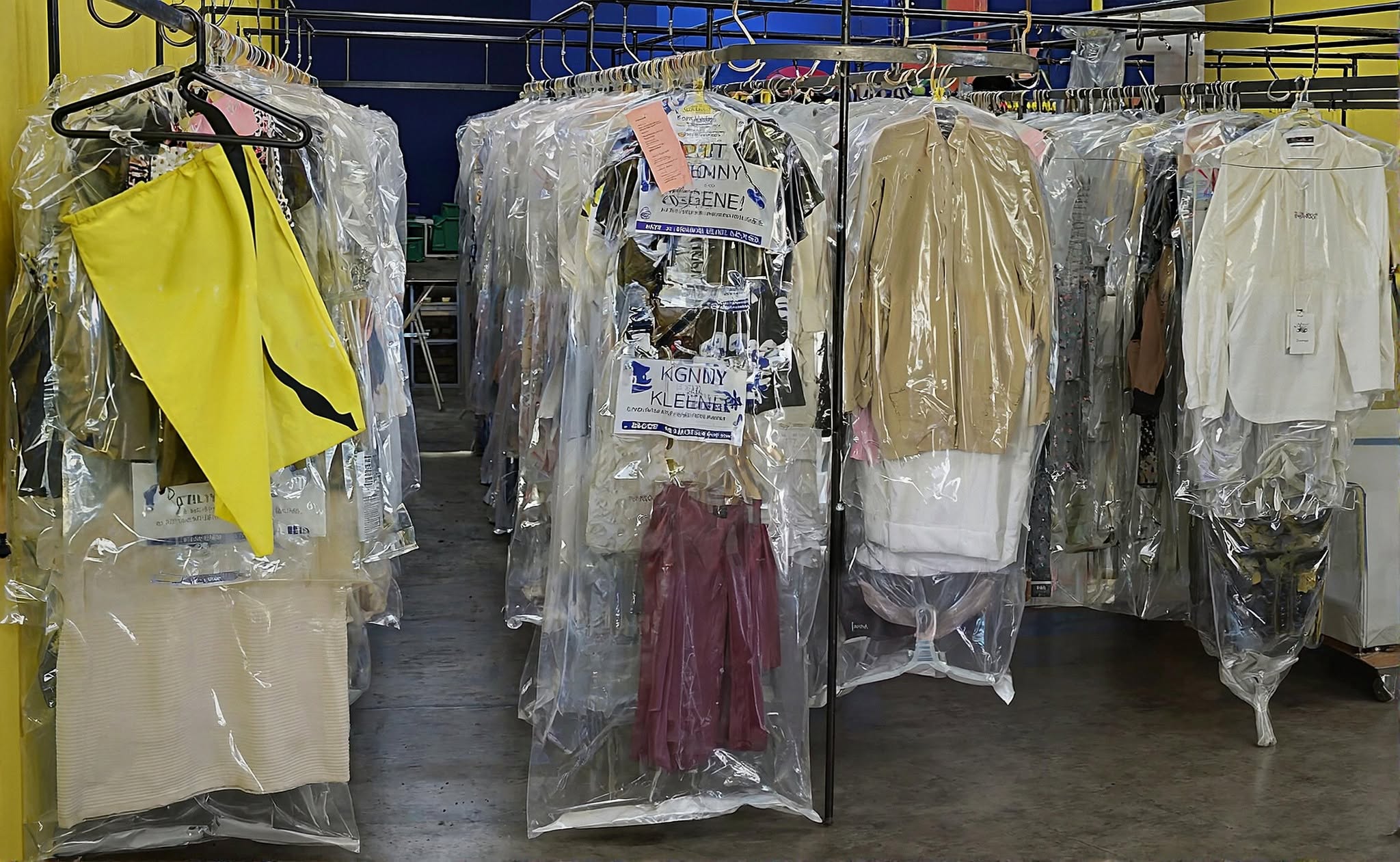 Clothes covered in plastic hangers are arranged on racks inside a dry cleaning shop. Some items have tags and a yellow cloth is visible on the left.