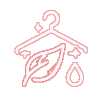 Red outline icon of a clothes hanger with a leaf, a water droplet, and sparkles, suggesting eco-friendly or sustainable laundry or cleaning.