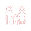 Outline of three figures: an adult on the left, a child in the center, and an adult wearing a dress on the right, representing a family.