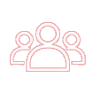 Simple red outline icon of three people, with one large figure in front and two smaller figures behind, on a light gray background.