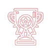 Line drawing of a trophy with a star and ribbon on the front, symbolizing an award or achievement, on a plain background.