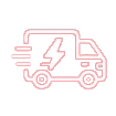 Red outline icon of a delivery van with a lightning bolt on its side, and speed lines indicating fast or electric delivery.