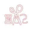 Outline drawing of a spool of thread, a pair of scissors, and a hanger, all in pink on a light background.