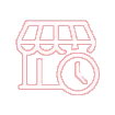 Red outline icon of a storefront with an awning and a clock in front, on a light gray background.