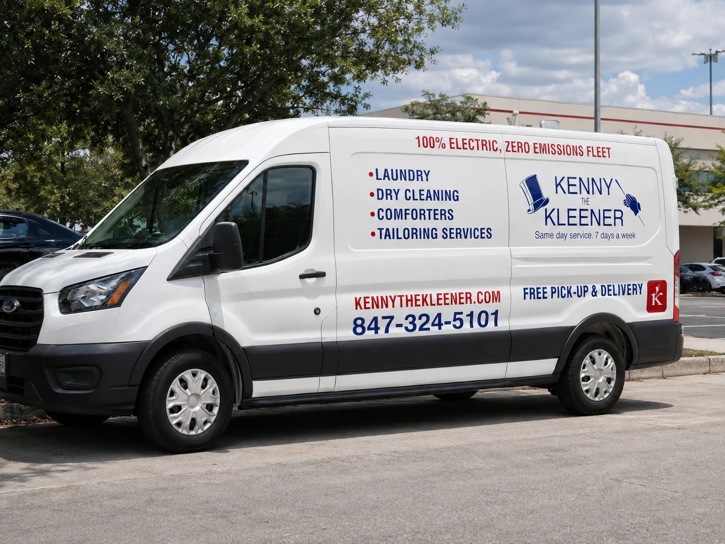 A white van labeled "Kenny the Kleener" offers laundry, dry cleaning, comforter, and tailoring services with free pick-up and delivery; it promotes its 100% electric, zero emissions fleet.