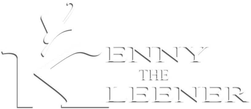 White logo with a large letter "K" and a tilted top hat above it; the words "KENNY THE KLEENER" are written in uppercase letters to the right.